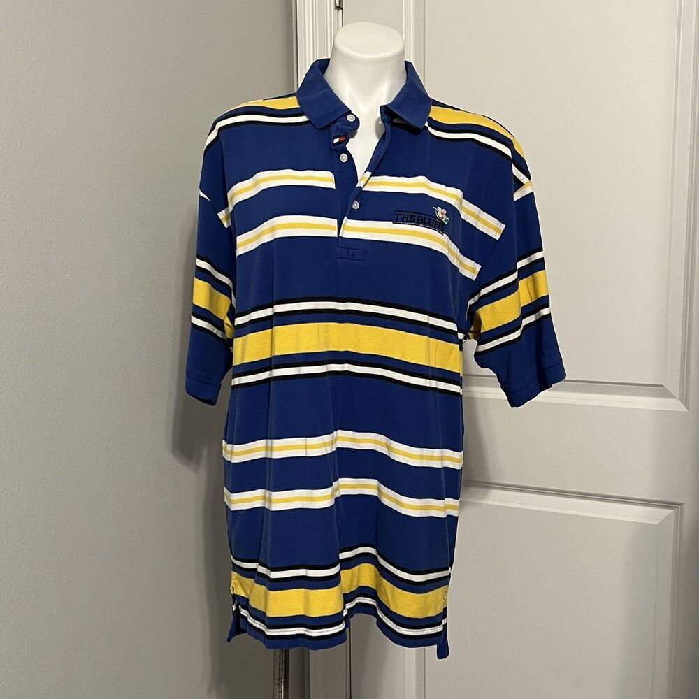 Tommy Hilfiger Polo Golf Shirt Mens L Short Sleeve Yellow Blue Striped Club Logo